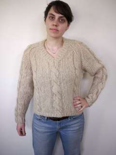 Vintage 1960s Italian MOHAIR WOOL Chunky Cable Knit V NECK Womens 