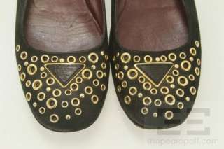 Prada Black Pebbled Nubuck Leather & Gold Grommet Flats Size 37  