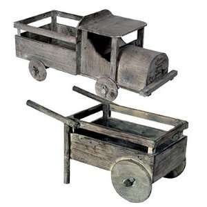  Wood Wheel Barrow & Old Truck Planter Set II Patio, Lawn 