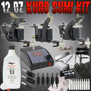New 3 Gun Complete Tattoo Kit Machine Power Supply 12 oz Kuro Sumi 