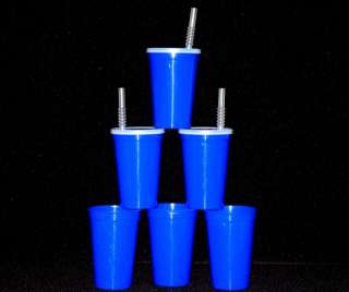 12 BLUE PLASTIC DRINKING GLASSES LID STRAW MFG.16 OZ.  