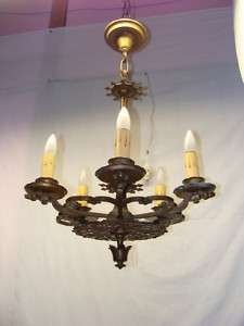 Antique Brass Tudor Style 5 Light Chandelier Fixture  