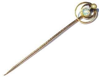 Antique, Vintage Opal & Pearl Accented 10KT Solid Gold Hat Pin  
