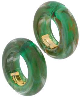 Italian Marbled Green Brown Plastic Clip Hoop Earrings  