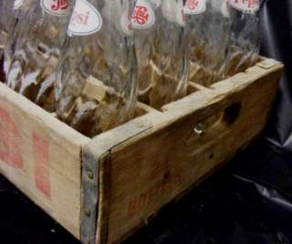 24 Empty PEPSI COLA Soda Glass Bottles & Wood Crate w/Red Lettering 