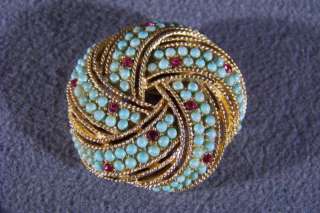 ANTIQUE KRAMER NY FAUX TURQUOISE RHINESTONE PIN BROOCH  
