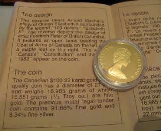1982 $100 Canadian Gold Proof Coin New Constitution  22kt Gold 1/2 