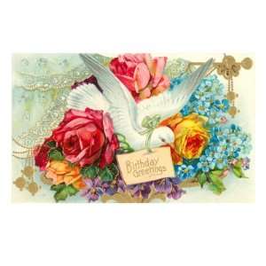  Birthday Greetings, Dove and Flowers Giclee Poster Print 