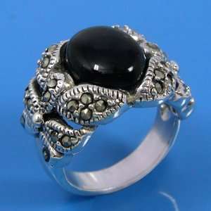  Marcasite Gemstone & Inlaid Black Onyx Ring Size 8 
