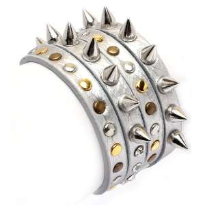   Emo Silver Leather Spike and Metal Studded Bracelet 