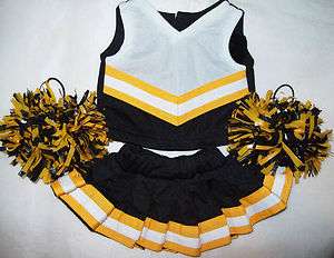 CHEER TOP SKIRT POM POMS YELLOW BLACK WHITE WILL FIT BUILD A BEAR 