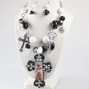 Black Western Chunky Cross Cowgirl Necklace Jewelry Set  
