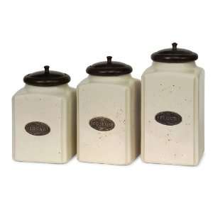   of 3 Labeled Ivory Ceramic Kitchen Canisters with Lids