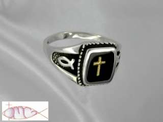 Left side angled view of our CROSS & ICHTHYS MENS RING in 14k Gold and 
