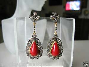   /Edwardian Red Coral Teardrop & Rosecut Diamond Chandelier Earrings