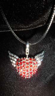 Angel Wings & Red Crystal Heart Pendant Necklace  