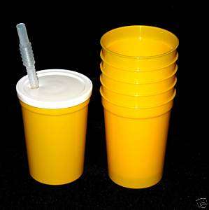 12  YELLOW PLASTIC DRINKING GLASSES LIDS STRAWS CUPS  