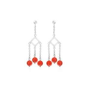  Round Peach Coral Bead Chandelier Earrings Sterling Silver 
