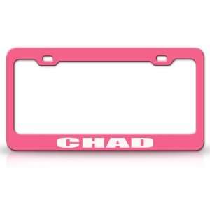 CHAD Country Steel Auto License Plate Frame Tag Holder, Pink/White