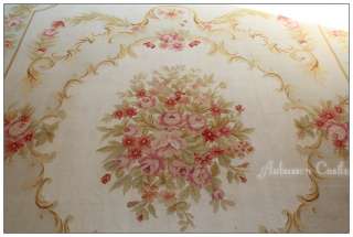   AUBUSSON RUG Fine Hand Woven Wool BLUE CREAM w PINK ROSES Custom made
