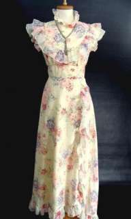 vintage 70s Long FLORAL RUFFLE PRAIRIE Dress Gown S 2 4  