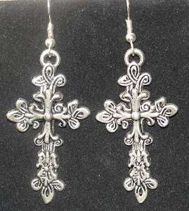 Large Antique Tibetan Silver Ornate Cross Earrings  