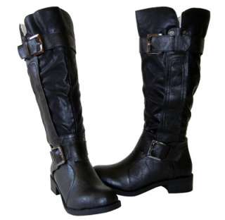   Buckles Deco Two Tone Equestrian Knee High Riding Boots Black  