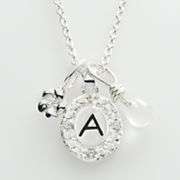 Silver Plate Cubic Zirconia and Crystal Flower Charm Initial Pendant
