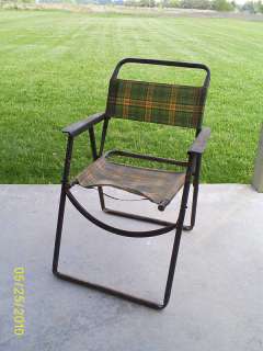 Vintage Folding Black Metal Lawn Chair Plaid Web  