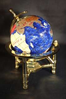   Multi Gemstone Desktop Globe Gold Tone Base Navy Blue Globe Free S & H
