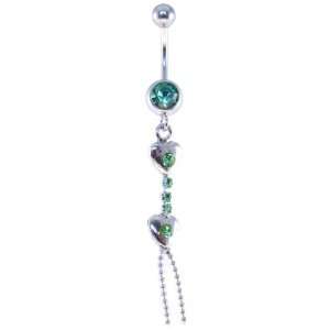 com 3 Jeweled CZ Green Double Heart Navel Belly Button Dangling Ring 
