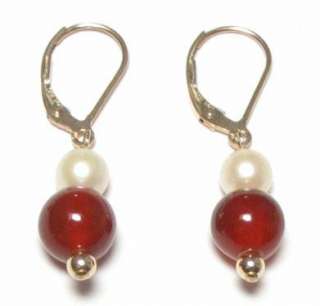 White Pearl & Red Jade 14K Yellow Gold Lever Back Earrings  