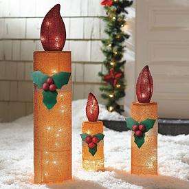 Outdoor Holiday Lighted 3 PC CHRISTMAS CANDLE SET Yard Art Decor NEW 