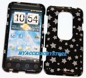 Sprint HTC Evo 3D Glitter Stars On Black Snap On Hard Phone Faceplate 