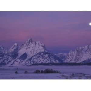 Grand Tetons and Fenceline with Full Moon, Grand Teton National Park 