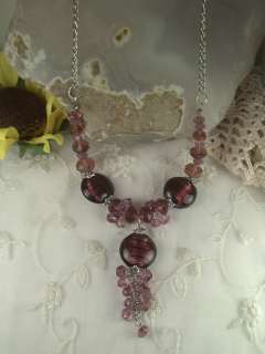   Plated Purple / Amethyst Candy Glass Bead Necklace Earring Set  