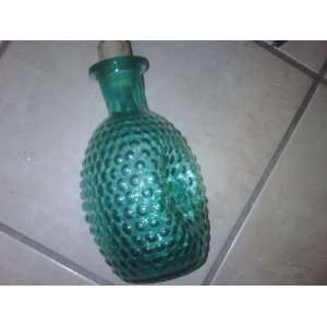   Vintage Green Pinched Glass Hobnail Decanter with Stopper 8 In. Tall