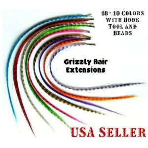 Long Grizzly Synthetic Feather Hair Extension w/ Tools & Beads 18 USA 