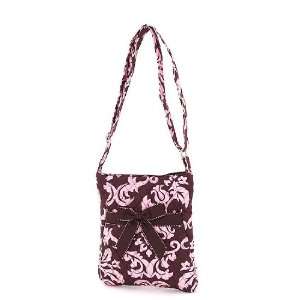   Brown Damask Patterned Hipster Crossbody Handbag with Ribbon Accents