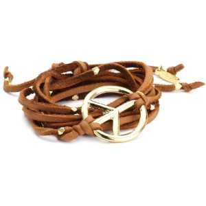  Ettika Rust Leather Wrap Bracelet with Gold Colored Peace 