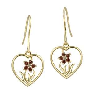   Sterling Silver Heart with Garnet Flower Center French Wire Earrings