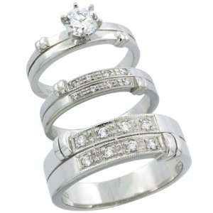 Sterling Silver 3 Piece His 7 mm & Hers 4.5 mm Trio Wedding Ring Set 