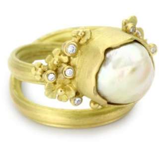 Vibes Whimsical 18 Karat Gold South Sea Pearl and Diamond Ring, Size 