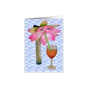   ,flower with eyes and straw in mouth drinking tequilla sunrise Card