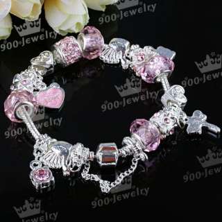 Mix Silver Plated Crystal Beads Pink European Bracelet  