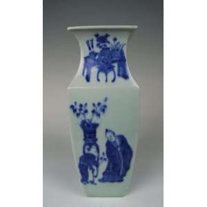 One Blue Underglaze Decoration Porcelain Square Vase, Chinese Antique 