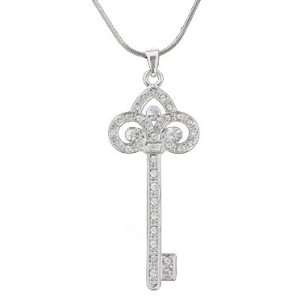   Silver Plated Fleur De Lis Crystal Key Pendant and Necklace Jewelry