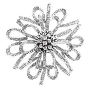 Aggiess Floral Ribbon CZ Brooch Silvertone Large Ladies Flower Pin w 