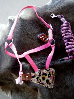 HORSE HALTER BRONC NYLON NOSE BAND BLING PINK LEOPARD CROSS ROPE RODEO 