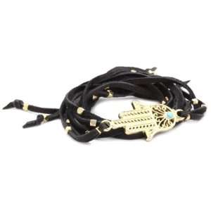  Ettika Black Leather Wrap Bracelet with Gold Colored Hamsa 